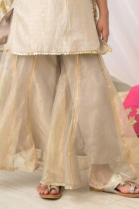 Buy_Fairies Forever_Beige Tissue Embroidery, Sequins, Fringe, Zari Kurta Set _Online_at_Aza_Fashions