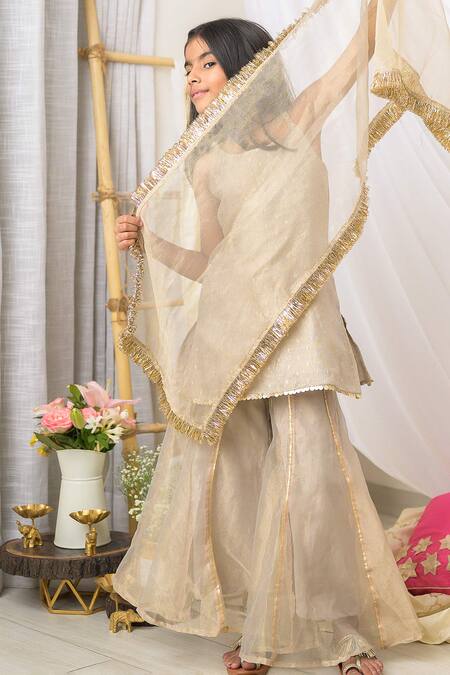 Fairies Forever_Beige Tissue Embroidery, Sequins, Fringe, Zari Kurta Set _at_Aza_Fashions