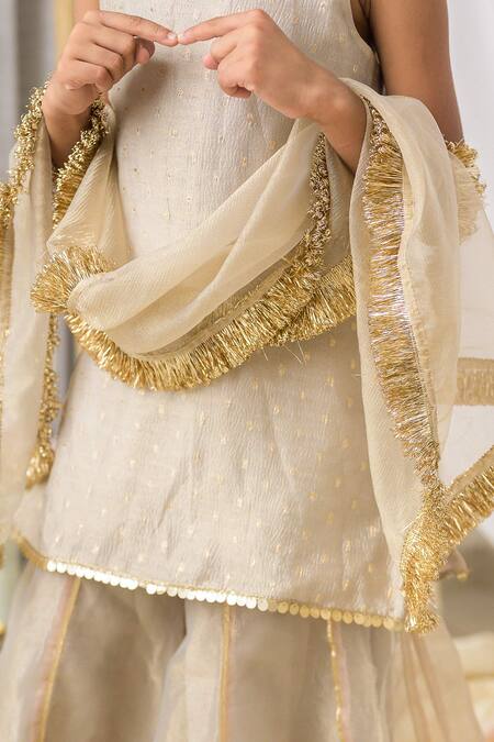 Buy_Fairies Forever_Beige Tissue Embroidery, Sequins, Fringe, Zari Kurta Set 