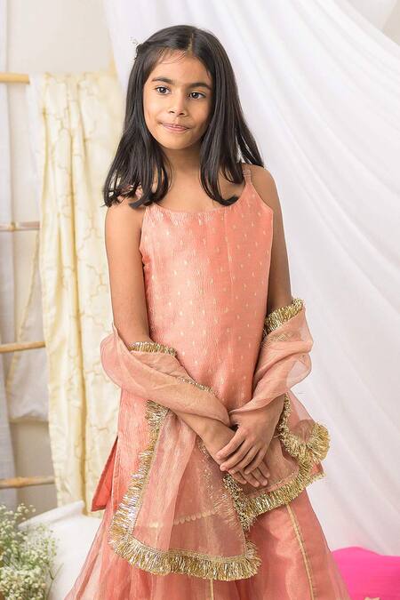 Fairies Forever_Peach Tissue Gota Patti, Metallic Thread, Zari, Embroidered Kurta Sharara Set _Online_at_Aza_Fashions