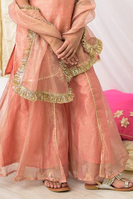Buy_Fairies Forever_Peach Tissue Gota Patti, Metallic Thread, Zari, Embroidered Kurta Sharara Set _Online_at_Aza_Fashions