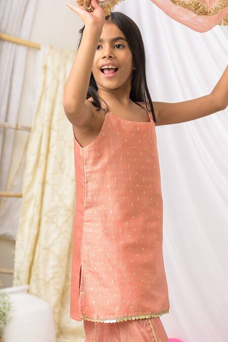 Shop_Fairies Forever_Peach Tissue Gota Patti, Metallic Thread, Zari, Embroidered Kurta Sharara Set _Online_at_Aza_Fashions
