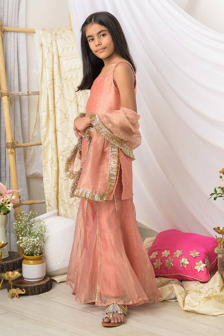 Fairies Forever_Peach Tissue Gota Patti, Metallic Thread, Zari, Embroidered Kurta Sharara Set _at_Aza_Fashions