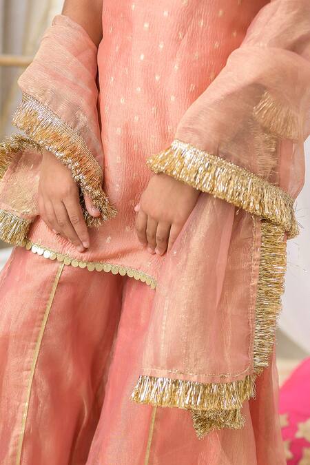 Buy_Fairies Forever_Peach Tissue Gota Patti, Metallic Thread, Zari, Embroidered Kurta Sharara Set 