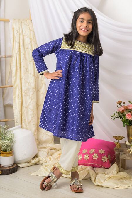 Buy_Fairies Forever_Blue Cotton Embroidery, Zari Bandhej Print Kurta And Pant Set _Online_at_Aza_Fashions
