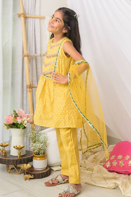Fairies Forever Yellow Chanderi Cotton, Organza Embroidery, Gota Patti, Zari Yoke Kurta Set Online at Aza Fashions Fairies Forever_Yellow Chanderi Cotton, Organza Embroidery, Gota Patti, Zari Yoke Kurta Set _Online_at_Aza_Fashions