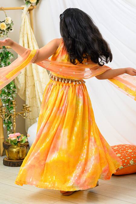 Shop Fairies Forever Yellow Net Sequins, Tassels, Embroidery Tie Dye Lehenga Set Online at Aza Fashions Shop_Fairies Forever_Yellow Net Sequins, Tassels, Embroidery Tie Dye Lehenga Set _Online_at_Aza_Fashions