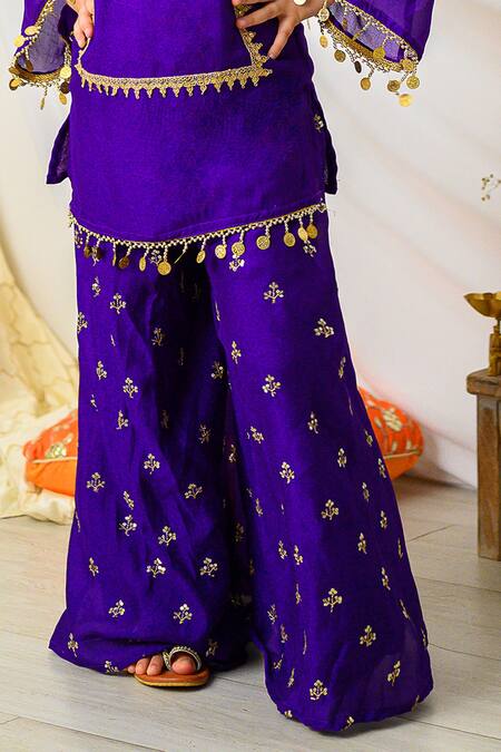 Fairies Forever_Purple Gota Patti, Beads, Metallic Thread, Embroidery Short Kurta With Palazzo _Online_at_Aza_Fashions