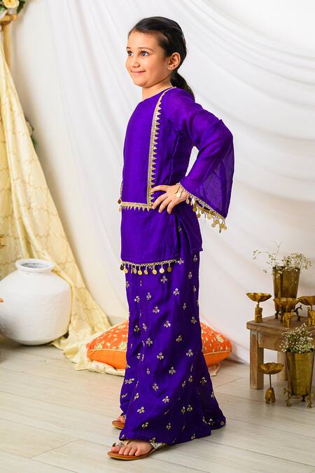 Shop_Fairies Forever_Purple Gota Patti, Beads, Metallic Thread, Embroidery Short Kurta With Palazzo _Online_at_Aza_Fashions