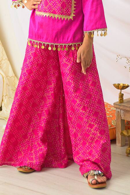 Shop_Fairies Forever_Pink Gota Patti, Zari, Tassels, Foil Bandhej Pattern Kurta And Palazzo Set _Online_at_Aza_Fashions