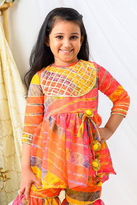 Fairies Forever_Yellow Tassels, Pom-poms, Gota Patti Leheriya Pattern Peplum Kurta And Sharara Set _Online_at_Aza_Fashions