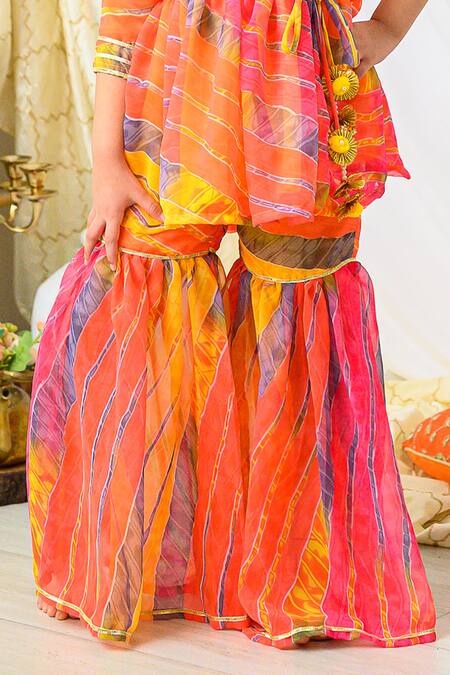 Buy_Fairies Forever_Yellow Tassels, Pom-poms, Gota Patti Leheriya Pattern Peplum Kurta And Sharara Set _Online_at_Aza_Fashions