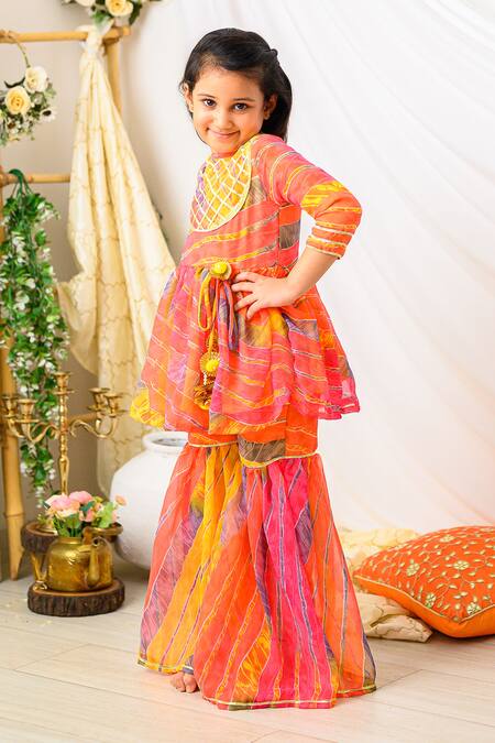 Shop_Fairies Forever_Yellow Tassels, Pom-poms, Gota Patti Leheriya Pattern Peplum Kurta And Sharara Set _Online_at_Aza_Fashions