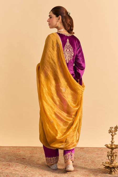 Sheetal Batra_Purple Velvet, Silk Embroidery, Pearls, Gota Patti Fareeha Kurta With Salwar _Online_at_Aza_Fashions