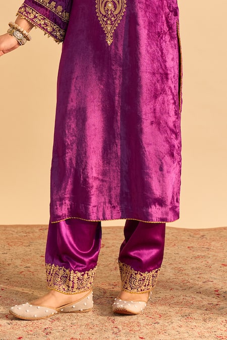 Buy_Sheetal Batra_Purple Velvet, Silk Embroidery, Pearls, Gota Patti Fareeha Kurta With Salwar _Online_at_Aza_Fashions