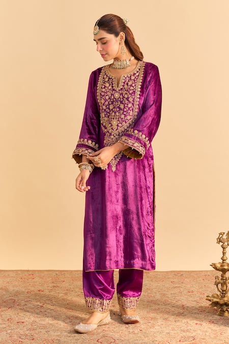 Shop_Sheetal Batra_Purple Velvet, Silk Embroidery, Pearls, Gota Patti Fareeha Kurta With Salwar _Online_at_Aza_Fashions