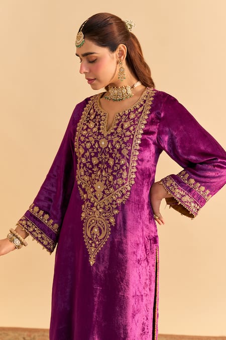 Sheetal Batra_Purple Velvet, Silk Embroidery, Pearls, Gota Patti Fareeha Kurta With Salwar _at_Aza_Fashions