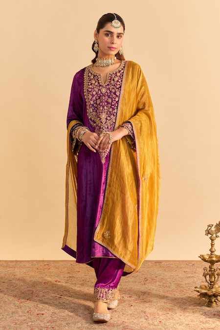 Buy_Sheetal Batra_Purple Velvet, Silk Embroidery, Pearls, Gota Patti Fareeha Kurta With Salwar 