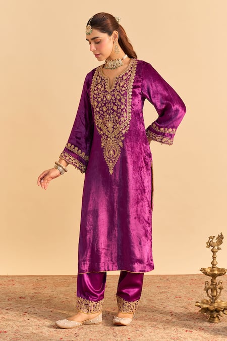 Shop_Sheetal Batra_Purple Velvet, Silk, Tissue Embroidery, Pearls, Gota Fareeha Kurta Salwar Set _Online_at_Aza_Fashions