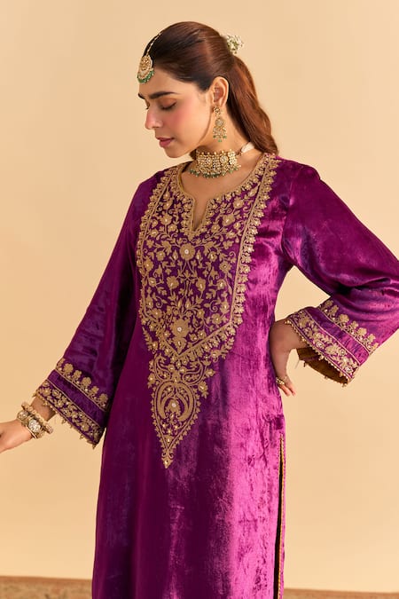 Sheetal Batra_Purple Velvet, Silk, Tissue Embroidery, Pearls, Gota Fareeha Kurta Salwar Set _at_Aza_Fashions