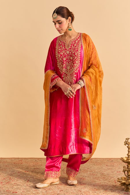 Shop_Sheetal Batra_Pink Velvet, Silk Embroidery, Pearls, Gota Patti Fareeha Kurta With Salwar _Online_at_Aza_Fashions