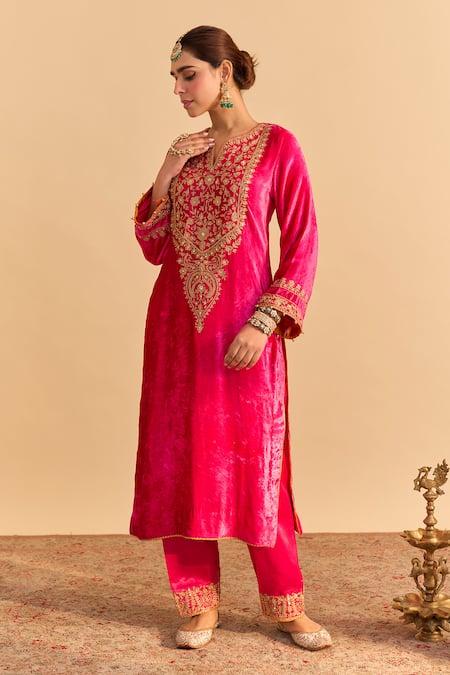 Buy_Sheetal Batra_Fuchsia Velvet, Silk, Tissue Embroidery, Pearls, Gota Fareeha Kurta Salwar Set _Online_at_Aza_Fashions