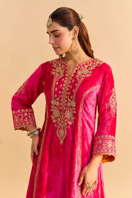 Shop_Sheetal Batra_Pink Velvet, Silk Pearls, Sequins, Gota Patti, Ziara Kurta With Dhoti Pant _Online_at_Aza_Fashions