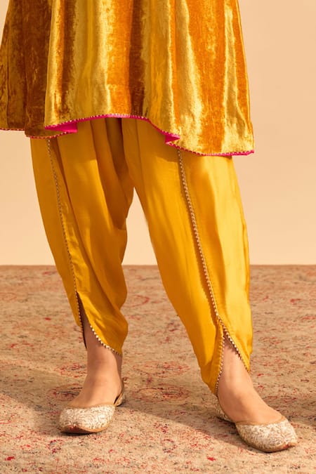 Sheetal Batra_Yellow Velvet, Silk Embroidery, Pearls, Laiba Choga Kurta With Dhoti Pant _Online_at_Aza_Fashions