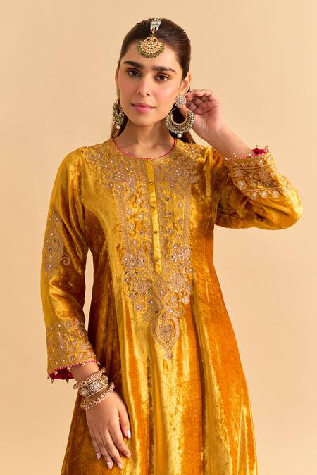 Sheetal Batra_Yellow Velvet, Silk Embroidery, Pearls, Laiba Choga Kurta With Dhoti Pant _at_Aza_Fashions