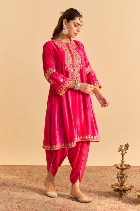 Sheetal Batra Pink Velvet, Silk Embroidery, Pearls, Amal Choga Kurta With Tulip Dhoti Pant Online at Aza Fashions Sheetal Batra_Pink Velvet, Silk Embroidery, Pearls, Amal Choga Kurta With Tulip Dhoti Pant _Online_at_Aza_Fashions