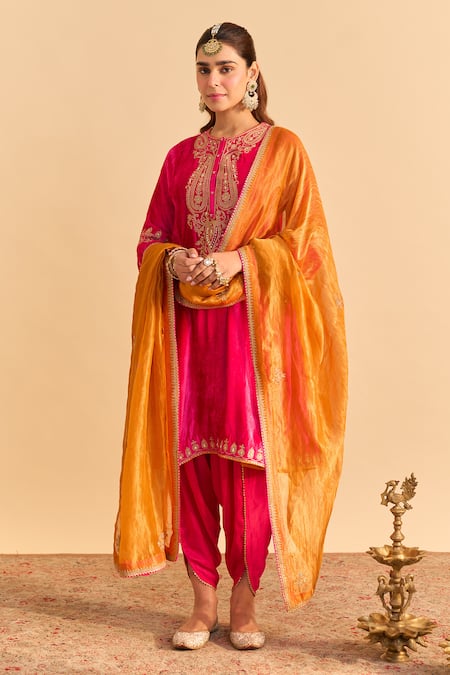 Buy Sheetal Batra Pink Velvet, Silk Embroidery, Pearls, Amal Choga Kurta With Tulip Dhoti Pant Online at Aza Fashions Buy_Sheetal Batra_Pink Velvet, Silk Embroidery, Pearls, Amal Choga Kurta With Tulip Dhoti Pant _Online_at_Aza_Fashions