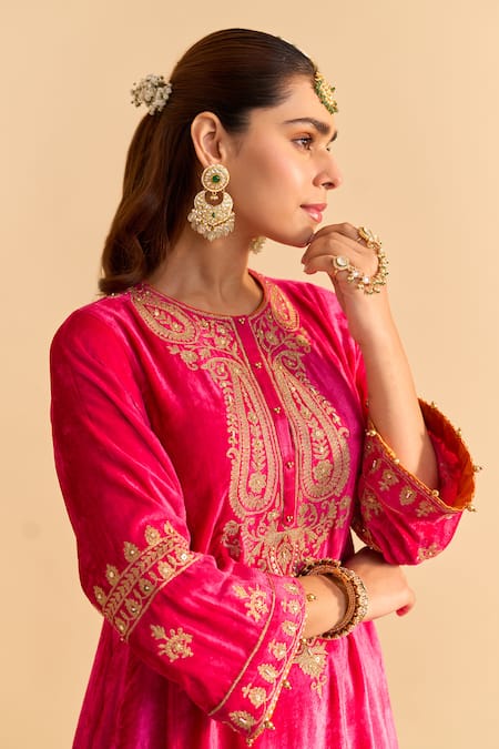 Shop Sheetal Batra Pink Velvet, Silk Embroidery, Pearls, Amal Choga Kurta With Tulip Dhoti Pant Online at Aza Fashions Shop_Sheetal Batra_Pink Velvet, Silk Embroidery, Pearls, Amal Choga Kurta With Tulip Dhoti Pant _Online_at_Aza_Fashions