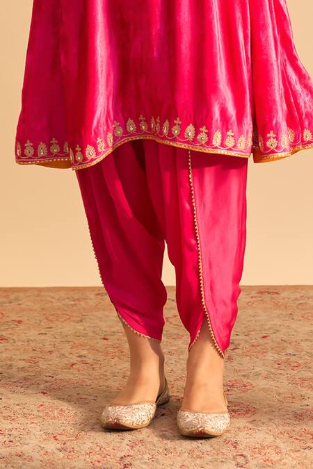 Sheetal Batra_Pink Velvet, Silk, Tissue Pearls, Sequins, Gota Amal A-line Choga Kurta Pant Set _Online_at_Aza_Fashions