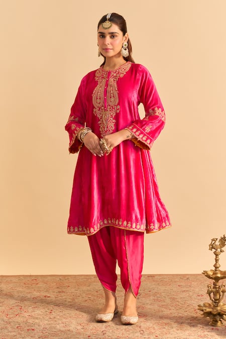 Buy_Sheetal Batra_Pink Velvet, Silk, Tissue Pearls, Sequins, Gota Amal A-line Choga Kurta Pant Set _Online_at_Aza_Fashions