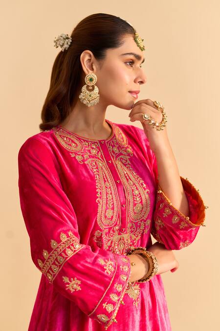 Sheetal Batra_Pink Velvet, Silk, Tissue Pearls, Sequins, Gota Amal A-line Choga Kurta Pant Set _at_Aza_Fashions