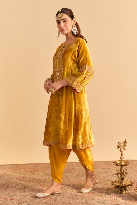 Sheetal Batra_Mustard Velvet, Silk Embroidery, Pearls, Amal A-line Choga Kurta With Dhoti Pant _Online_at_Aza_Fashions