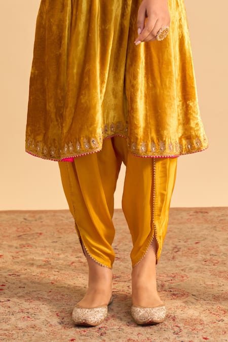 Buy_Sheetal Batra_Mustard Velvet, Silk Embroidery, Pearls, Amal A-line Choga Kurta With Dhoti Pant _Online_at_Aza_Fashions
