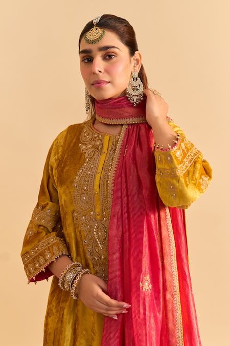 Sheetal Batra_Yellow Velvet, Silk, Tissue Pearls, Sequins, Amal Choga Kurta Dhoti Pant Set _at_Aza_Fashions