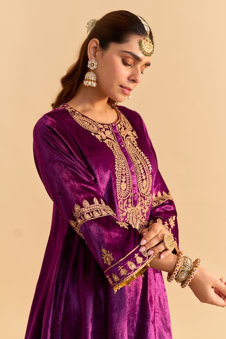Sheetal Batra_Purple Velvet, Silk, Tissue Embroidery, Pearls, Amal A-line Choga Kurta Set _Online_at_Aza_Fashions