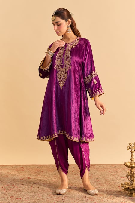 Buy_Sheetal Batra_Purple Velvet, Silk, Tissue Embroidery, Pearls, Amal A-line Choga Kurta Set _Online_at_Aza_Fashions