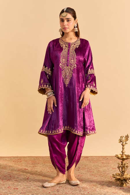 Shop_Sheetal Batra_Purple Velvet, Silk, Tissue Embroidery, Pearls, Amal A-line Choga Kurta Set _Online_at_Aza_Fashions