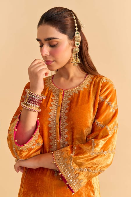 Buy_Sheetal Batra_Orange Velvet, Silk Embroidery, Pearls, Sequins, Azmiya Choga Kurta With Salwar _Online_at_Aza_Fashions