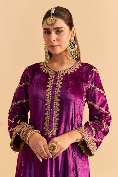 Shop Sheetal Batra Purple Velvet, Silk Embroidery, Sequins, Pearls, Azmiya Choga Kurta With Salwar Online at Aza Fashions Shop_Sheetal Batra_Purple Velvet, Silk Embroidery, Sequins, Pearls, Azmiya Choga Kurta With Salwar _Online_at_Aza_Fashions