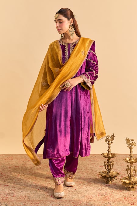 Sheetal Batra Purple Velvet, Silk Embroidery, Sequins, Pearls, Azmiya Choga Kurta With Salwar at Aza Fashions Sheetal Batra_Purple Velvet, Silk Embroidery, Sequins, Pearls, Azmiya Choga Kurta With Salwar _at_Aza_Fashions