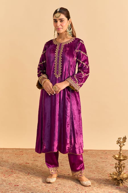 Sheetal Batra_Purple Velvet, Silk, Tissue Embroidery, Pearls, Azmiya Choga Kurta Salwar Set _Online_at_Aza_Fashions
