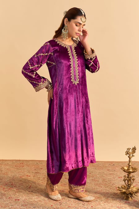 Buy_Sheetal Batra_Purple Velvet, Silk, Tissue Embroidery, Pearls, Azmiya Choga Kurta Salwar Set _Online_at_Aza_Fashions