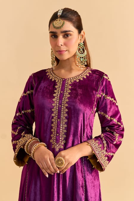 Shop_Sheetal Batra_Purple Velvet, Silk, Tissue Embroidery, Pearls, Azmiya Choga Kurta Salwar Set _Online_at_Aza_Fashions
