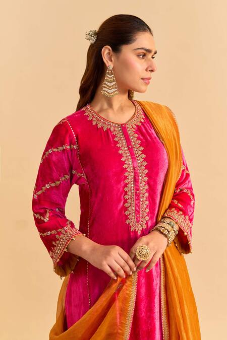Sheetal Batra_Pink Velvet, Silk, Tissue Pearls, Sequins, Gota Azmiya Choga Kurta Salwar Set _at_Aza_Fashions