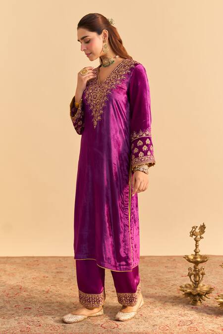 Buy_Sheetal Batra_Purple Velvet, Silk Embroidery, Sequins, Pearls, Gota Aynaz Kurta And Salwar Set _Online_at_Aza_Fashions