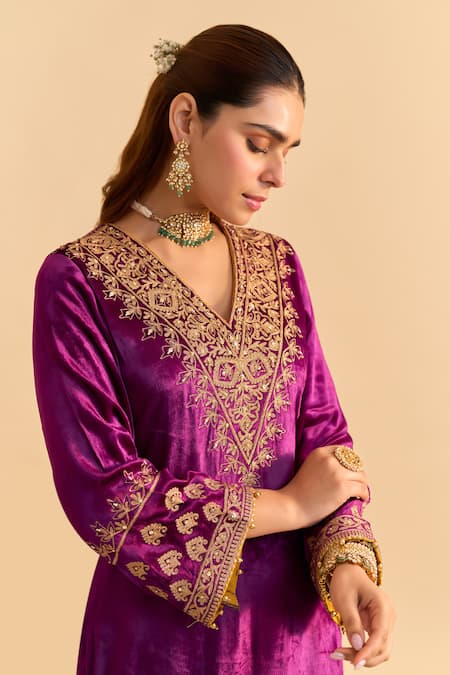Shop_Sheetal Batra_Purple Velvet, Silk Embroidery, Sequins, Pearls, Gota Aynaz Kurta And Salwar Set 